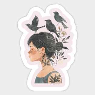 Little girl and raven Sticker